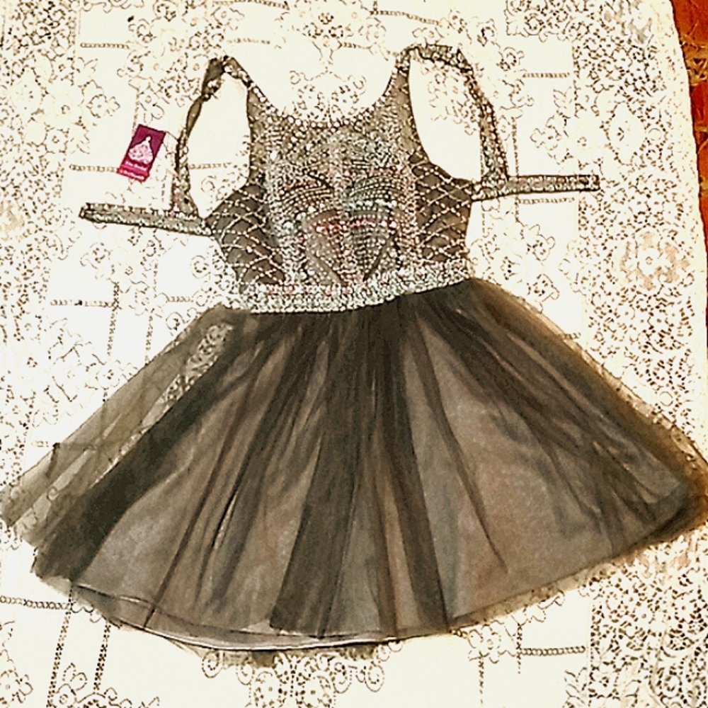 Ella Gunmetal Grey Dress with Shiny Rhinestone Bodice